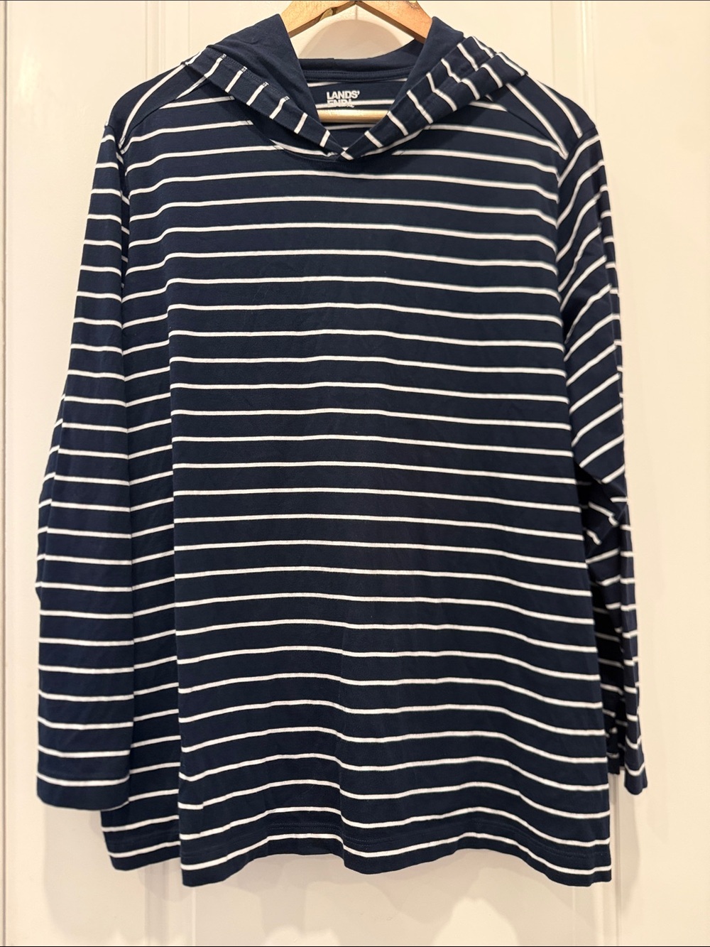 Lands' End Navy and White Striped Hooded Pullover